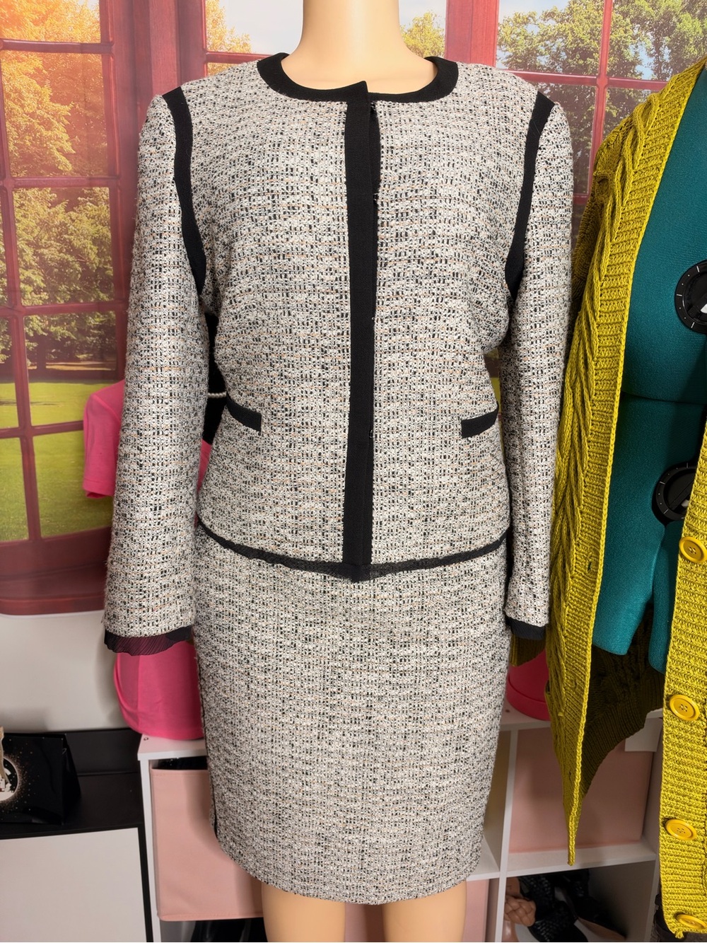 Ann Taylor Gray Tweed Blazer and Matching Skirt with Black Trim